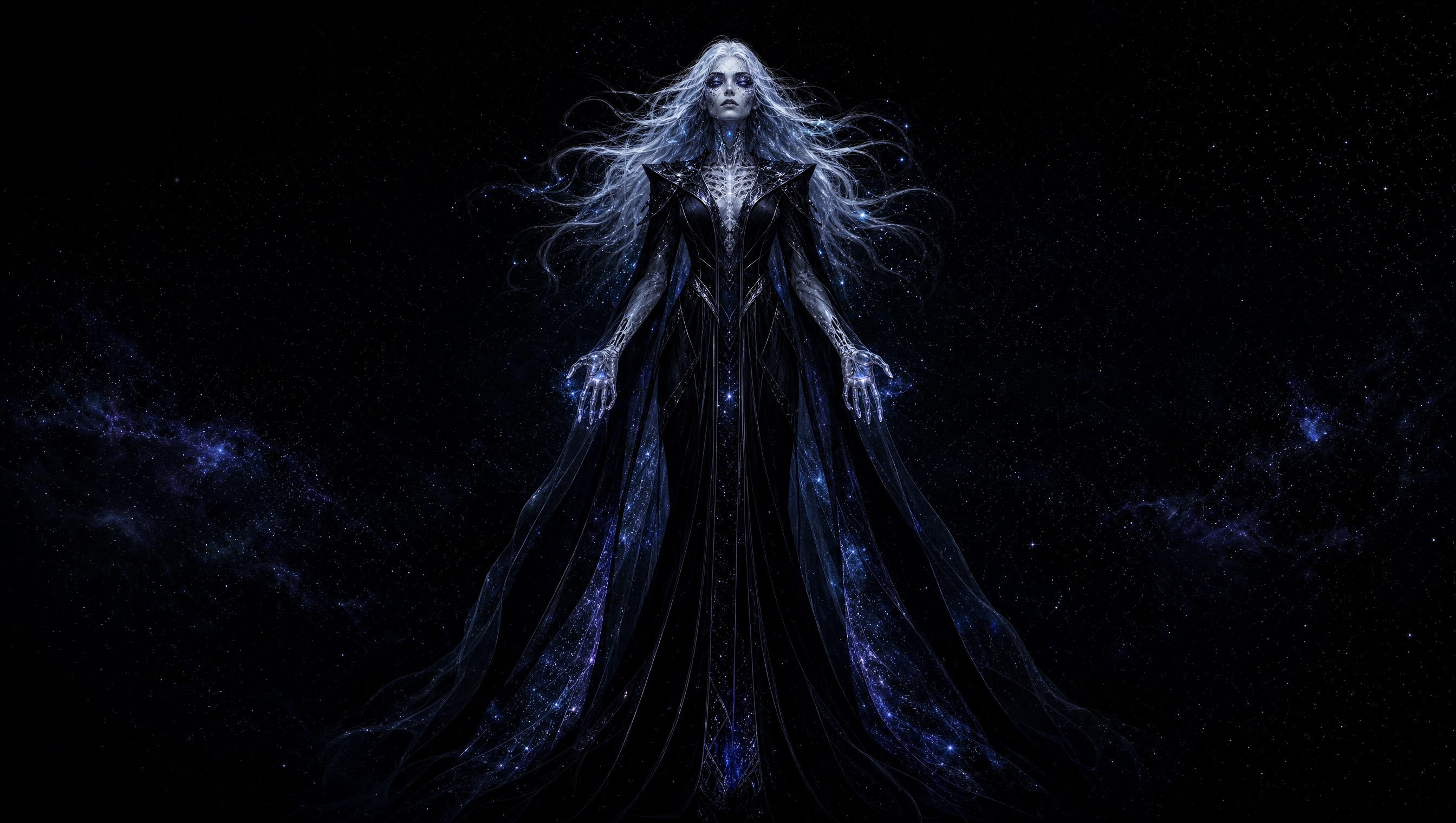 Aurora front-facing, full figure, floating in the Old Sky