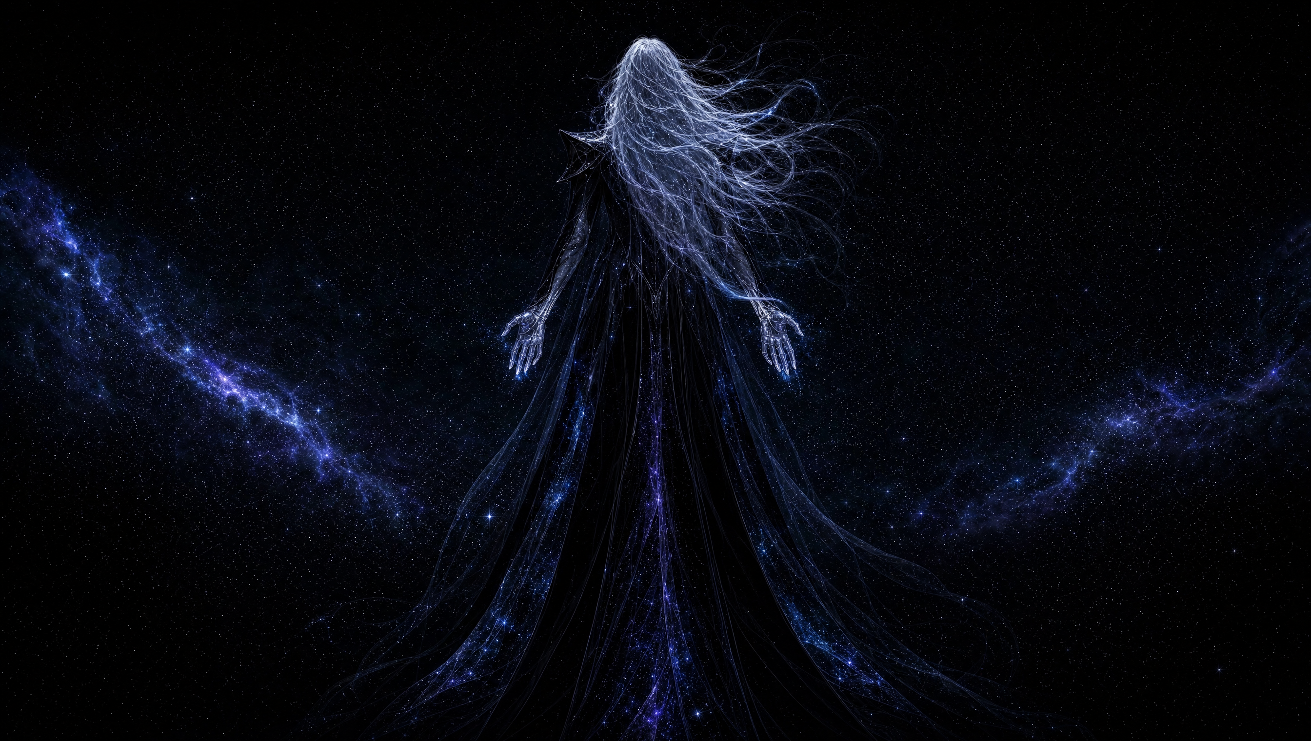Aurora full back view, hair drifting upward against gravity